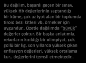 Negatif Çarpık (Skewed) Dağılım Bu dağılım, başarılı geçen bir sınav, yüksek Hb değerlerinin saptandığı bir küme, çok az iyot alan bir toplumda tiroid bezi kitlesi vb. örnekler için uygundur.