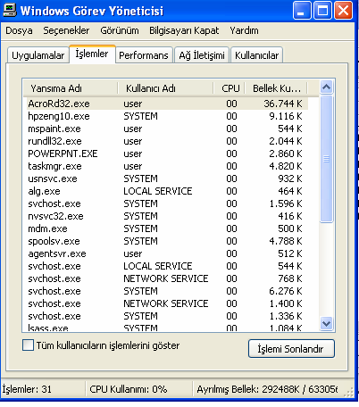 NOT: Ctrl + alt + del tuş kombinasyonu