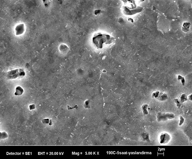70 HV100 civarında ölçülmüştür. Suni yalandırılmış numunelerin sertlik değerlerinin literatür ile uyumlu olduğu görülmektedir. Şekil 8: 190 0 C de 3 saat suni yaşlandırılmış numunenin SEM görüntüsü.