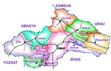Harita: Tokat İli İl ve İlçe Sınırları Tokat ın ilçelere Uzaklığı Almus Artova Başçiftlik Erba a Niksar Pazar Reşadiye Sulu saray Turhal Yeşilyurt Zile Tokatt 34 38 82 81 54 28 89 67 46 55 62 Nüfus: