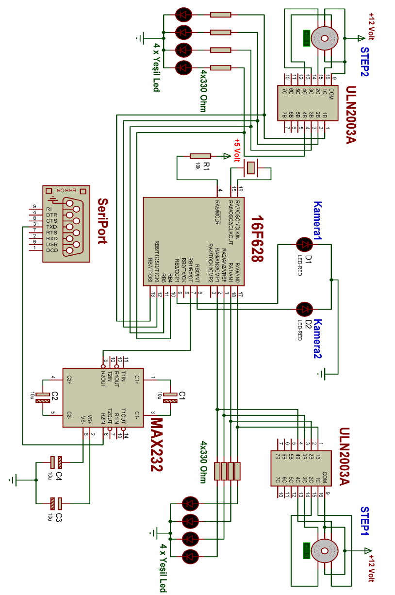 Sunucuya bağlı kameralı seri haberleşme sistemi: 2 Webcam kamera, 2 step motor ve iki kameralı seri haberleşme kartının bulunduğu siyah bir kutudan oluşmaktadır.