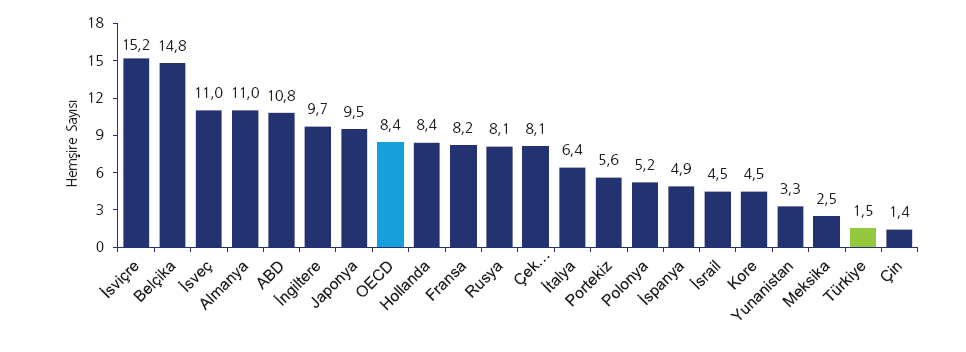 *Health at a Glance, OECD indicators, 2011 1000 kişiye düşen hemşire sayısı ABD de10,8 OECD ülkelerinde 8,4 ve