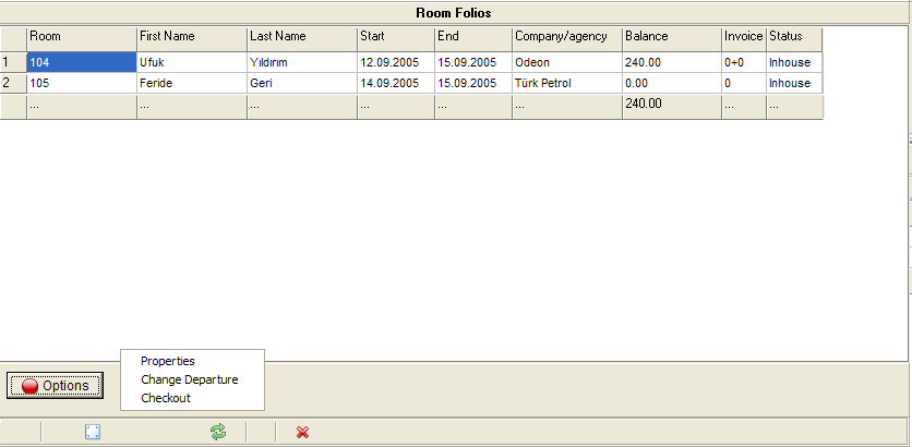 Name Room Dates Between Company/Agency Status Clear Search Ekranın sağ tarafında belirlenen statüye bağlı olarak, misafir adına göre arama yapar.