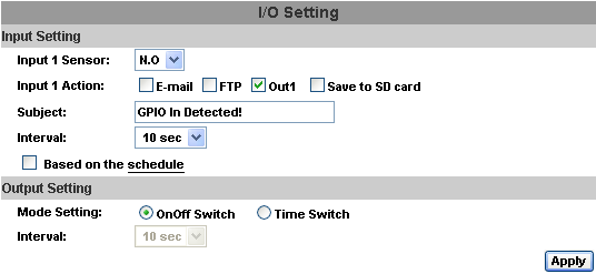 knumunu, bellek kpyasının zaman aralığını ve bellek kpyasının kayıtlı dsya adını seçebilir. I/O Setting IP KAMERA 1 giriş/ 1 çıkış destekler.