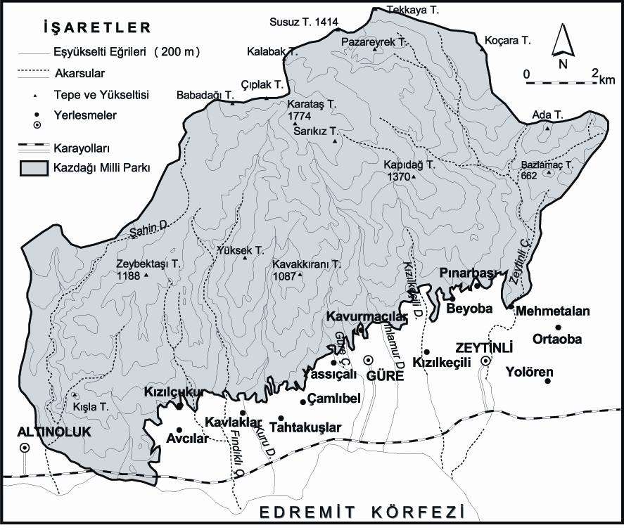 Şekil 1. Kazdağı Milli Parkı lokasyon ve yerleşmeler haritası. Figure 1. Location of and Settlements around Kazdağı National Park.