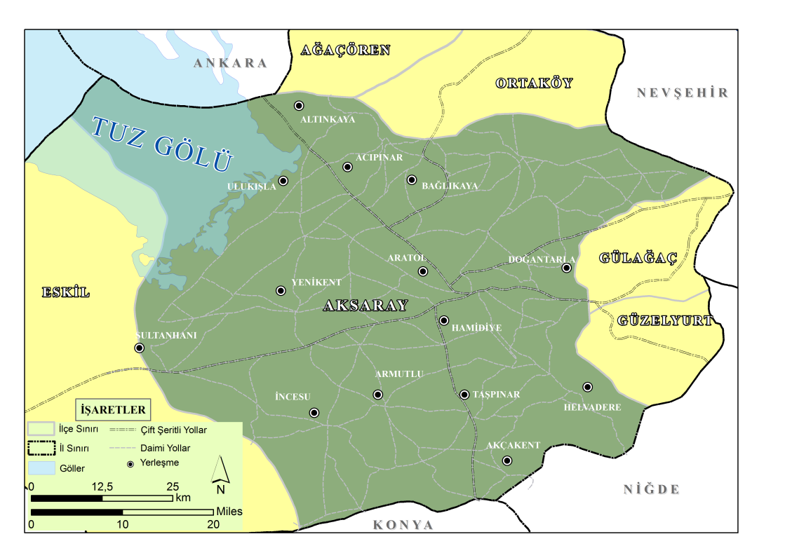 Harita 9 Aksaray Merkez İlçe Haritası Aksaray sınırları içerisinde yer alan diğer önemli göller ise; Gelveri (Güzelyurt) yakınlarında Nar Gölü (Sofular-Acı göl), Koca Göl, Hasandağı çevresinde Kartal