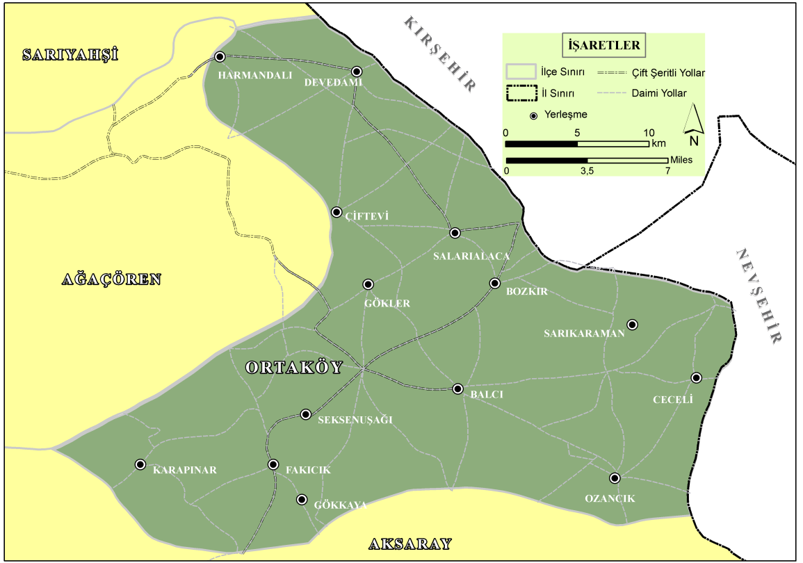 Harita Ağaçören İlçe Haritası Yine Ortaköy, Ağaçören ve Sarıyahşi ilçelerindeki vadi içi alanlarda yetişen Cevizler yöre ve ülke için önemli bir meyve olup,