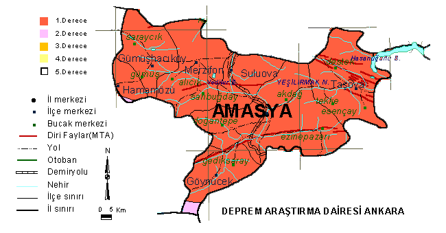 FAALİYET ALANI Şekil 5. Amasya İli Deprem Haritası Sel Mevzi kuru dereler haricinde sel olayına rastlanmıştır. (kaynak: Amasya İl Çevre Durum Raporu-2011) II.5. Arazi Kullanım Durumu ve Toprak Özellikleri II.