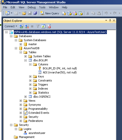 Şekil 4.22 Veritabanı Görünümü 4. SQL AZURE VE SQL SERVE R KARŞILAŞTIRILMASI SQL Azure ve SQL Server özellik desteği larak birbirleri arasında farklılıklar mevcuttur.