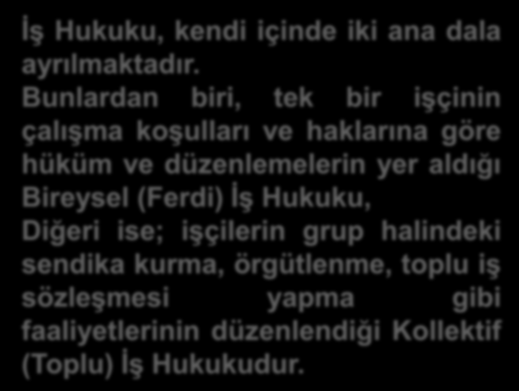 İş Hukuku, çalışanlar ile işverenler arasındaki ilişkileri düzenleyen kamu hukuku dalıdır. Çalışanlar bağımlı ve bağımsız çalışanlar olarak ikiye ayrılır.