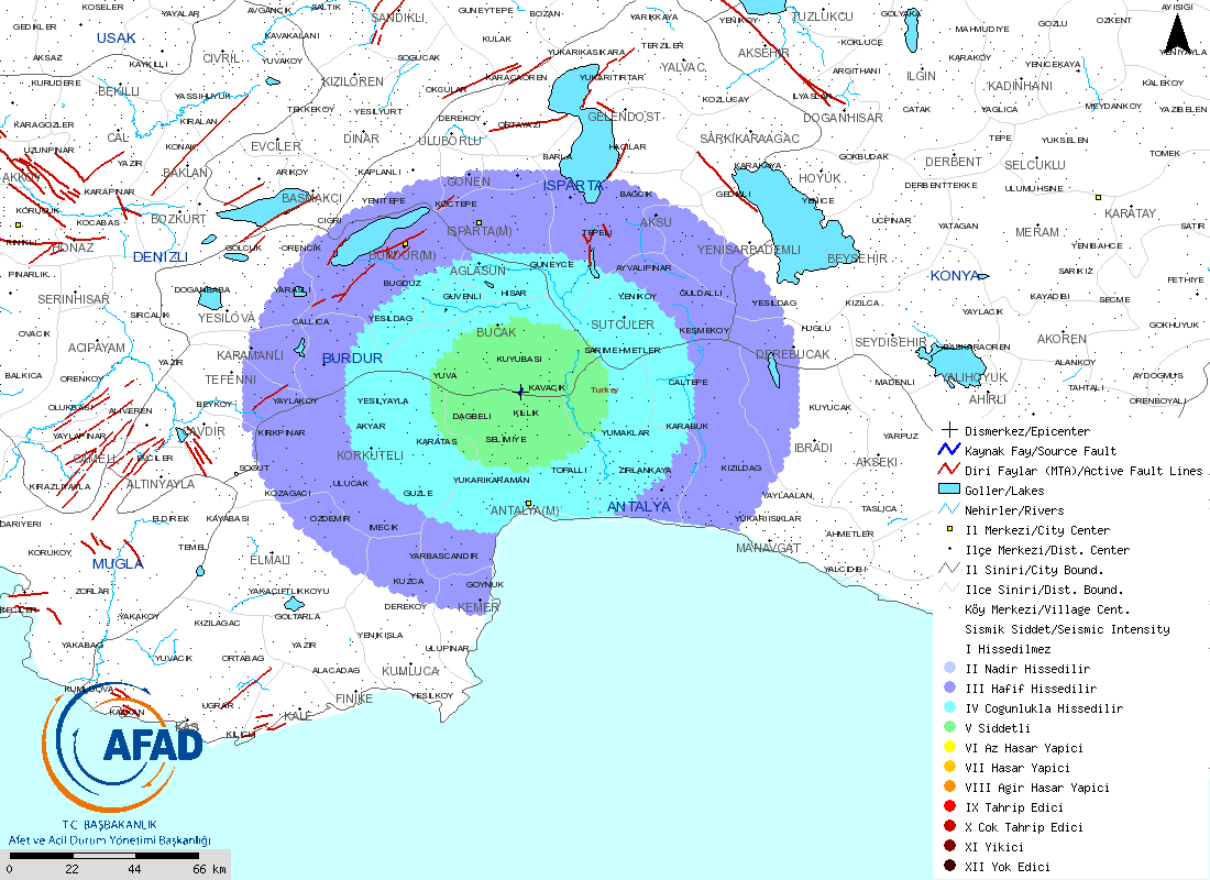 İvme ve Şiddet Haritaları 16 Mart 2011 tarihli Ml:4.4 Burdur-Bucak Depremi nin tahmini ivme dağılım haritası Şekil 3.4 ve sismik şiddet dağılım haritası Şekil 3.5 de gösterilmiştir. Şekil 3.4 16 Mart 2011 Burdur-Bucak (Ml=4.