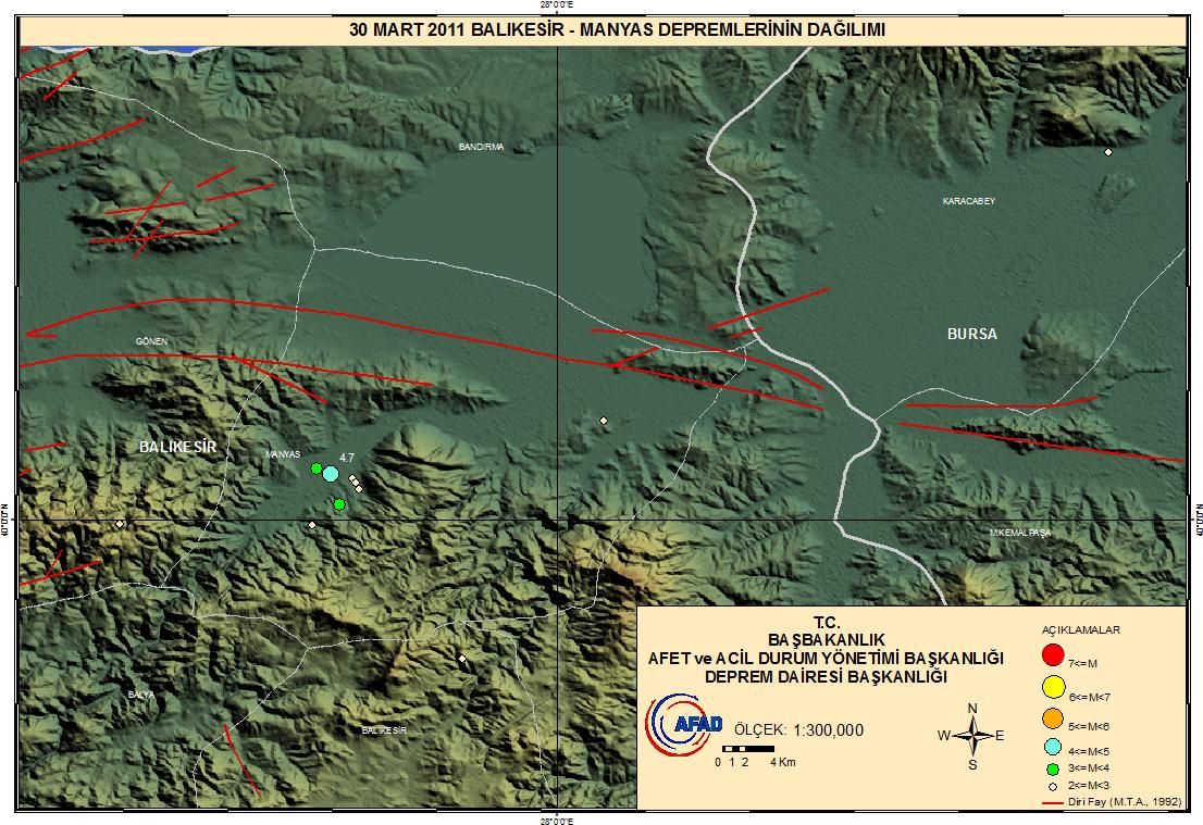 4. 30 MART 2011 BALIKESİR-MANYAS DEPREMİ (Ml: 4.7) 30 Mart 2011 tarihinde saat 19:07 (TS) de Ml: 4.7 büyüklüğünde Balıkesir-Manyas merkezli orta şiddette bir deprem meydana gelmiştir.