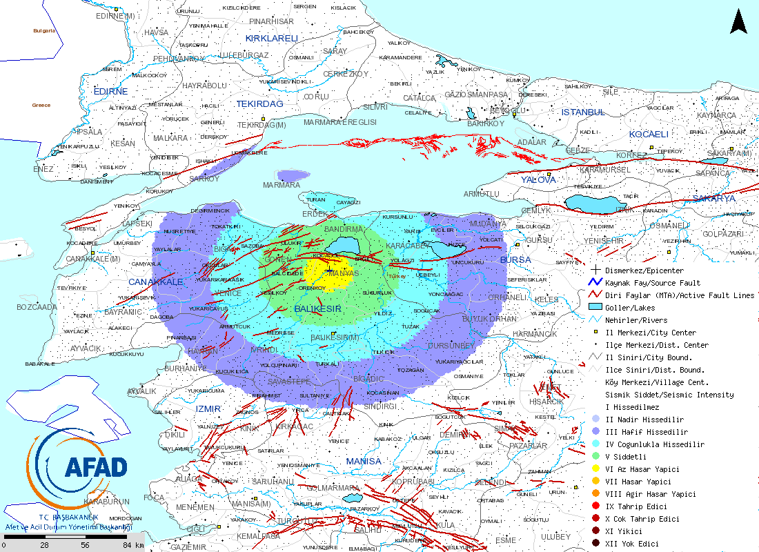 Şekil 4.6 30 Mart 2011 Balıkesir-Manyas (Ml=4.7) Depreminin Sismik Şiddet Haritaları Arıoğlu vd.