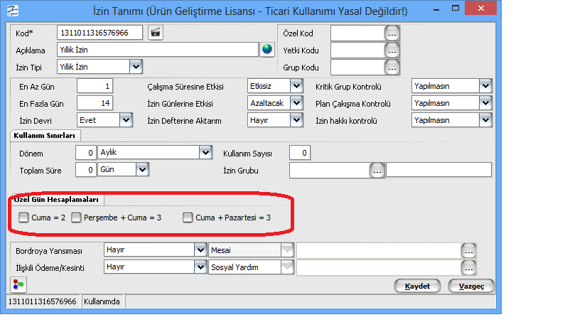 Firmaların izin hesaplamalarında kullanmak istedikleri özel uygulamaları var ise onlar izin tanımlarından tanımlanabilir.