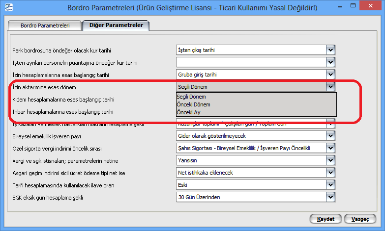 İzin aktarımlarında hangi dönemlere aktarılacağı bordro parametrelerinden seçilebilir.