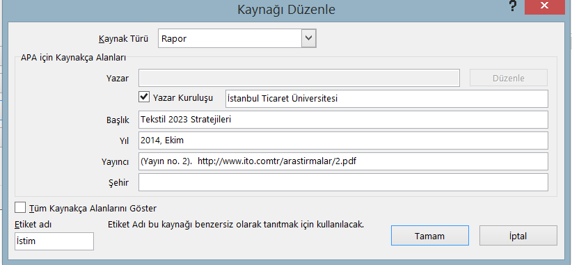 92 Şekil 8. Dijital raporlar için veri girişi. Dijital tezlerin referans gösterilmesi. Tez başlıkları cümle tarzında yazılır ve monografik eserler olması nedeniyle italik biçimiyle gösterilir.