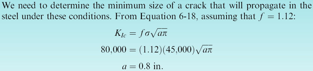 Example 6.8 Design of a Nondestructive Test A large steel plate used in a nuclear reactor has a plane strain fracture toughness of 80,000 psi in.