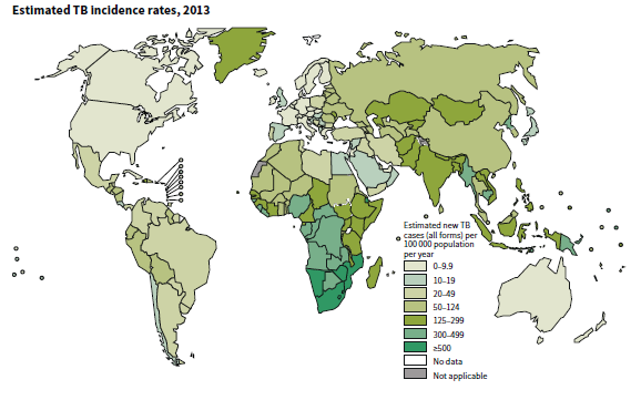 Dünyada Tüberküloz İnsidans Hızları, 2013 (DSÖ 2014
