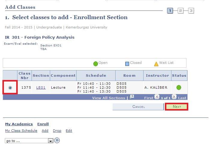 Şekil 13 - Exam (Sınav) bileşenini seçmiş olduğumuz dersin Lecture (Teorik) bileşenini