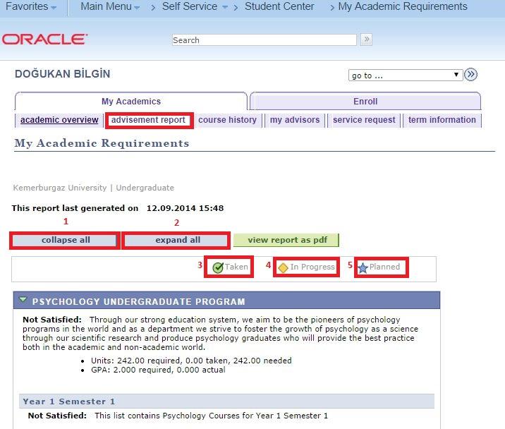 Şekil 5 Advisement Report kayıtlı olduğunuz programın müfredatı içerisinde bulunan bütün dersleri ve bu derslerin kredilerini, genel not ortalamanızı, zorunlu olarak alınması gereken dersleri ve