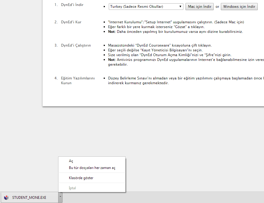 Sol alt köşede öğrencilerin ev, okul veya kişisel bilgisayarlarına indirilmiş olan DynEd programının
