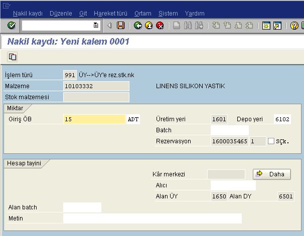 4. butonuna tıklanır. Girilen ekranda malzemenin miktarı değiştirilebilir.. Şekil 8.31. Nakil Kaydı Yaratma Ekranı 5. Bundan sonra belge kaydedilir.