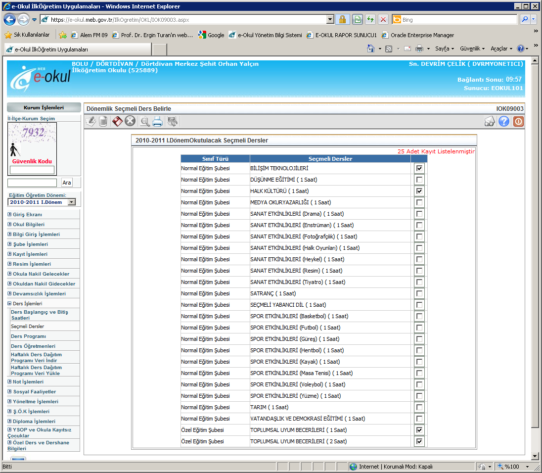 -) Seçmeli dersler (IOK09003: