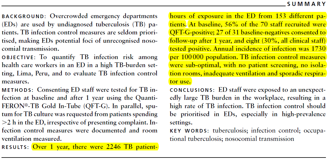 Lima da bir acil servis departmanında 1 yılda 153 hastada TB tanısı konmuş Toplam 2246 saat maruziyet Başlangıçta negatif olan sağlık personelinin %30 unda 1 yıllık takipte QFT-T