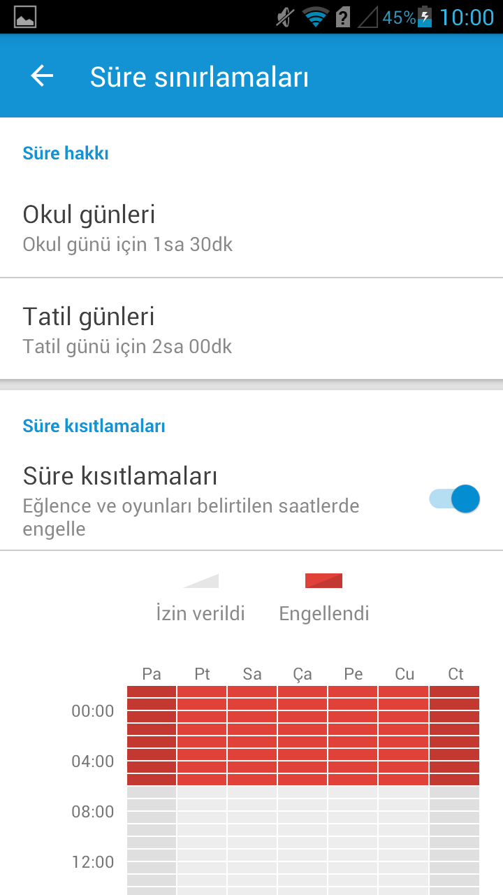 Eğlence ve Oyun için süre sınırları Uygulama Koruması özelliğinin bir bölümü olup Eğlence ve Oyun olarak işaretlenen uygulamaların kullanımı için bir süre sınırı ayarlar.