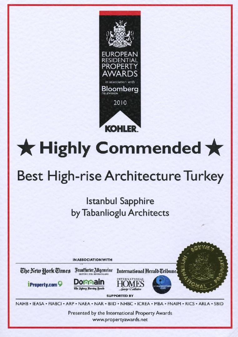 Ġstanbul Sapphire 2010 yılında European Residential Property Awards ödüllerinden