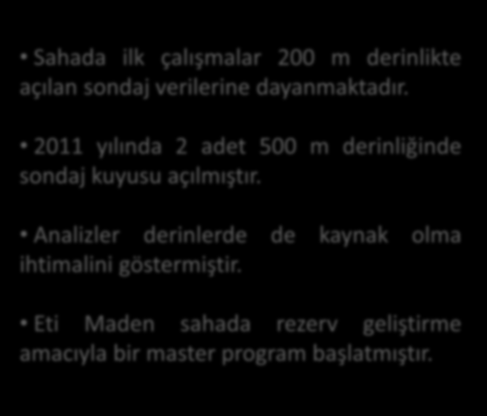 2011 yılında 2 adet 500 m derinliğinde sondaj kuyusu açılmıştır.