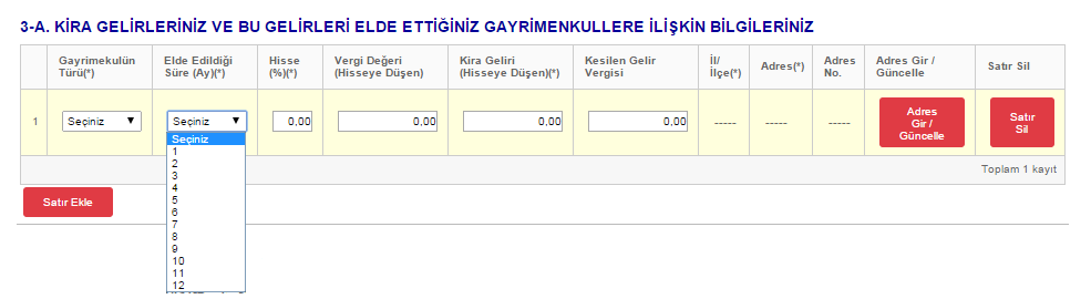 Tablonun altında bulunan Satır Ekle butonuna basarak istediğiniz kadar gayrimenkul bilgisi ekleyebilirsiniz.