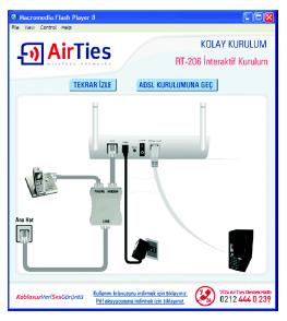 10 2.2.1 AirTies RT-206 Türkçe Interaktif Kurulum CD si ile Ayarlar AirTies ADSL Hizmet Programı, AirTies RT-203' nın ADSL ayarlarını ve kablosuz güvenlik ayarlarını kolaylıkla yapabilmenizi sağlar.