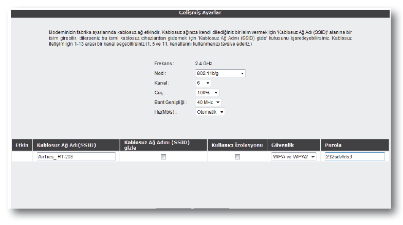 14 3. RT-203 nın Kablosuz Ayarları RT-203'nın Kablosuz menüsü altında kablosuz iletişim ayarları ve kablosuz güvenlik ayarları yapılabilir.
