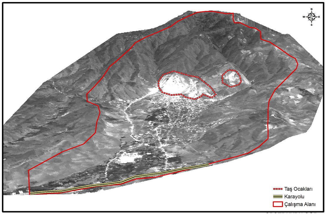 Şekil 6. Çalışma alanının da taş ocakçılığı faaliyetleri sırasında meydana gelen topografya değişimi Çalışma alanının ArcScene aracı kullanılarak SPOT5 uydu görüntüsü yardımıyla 2.