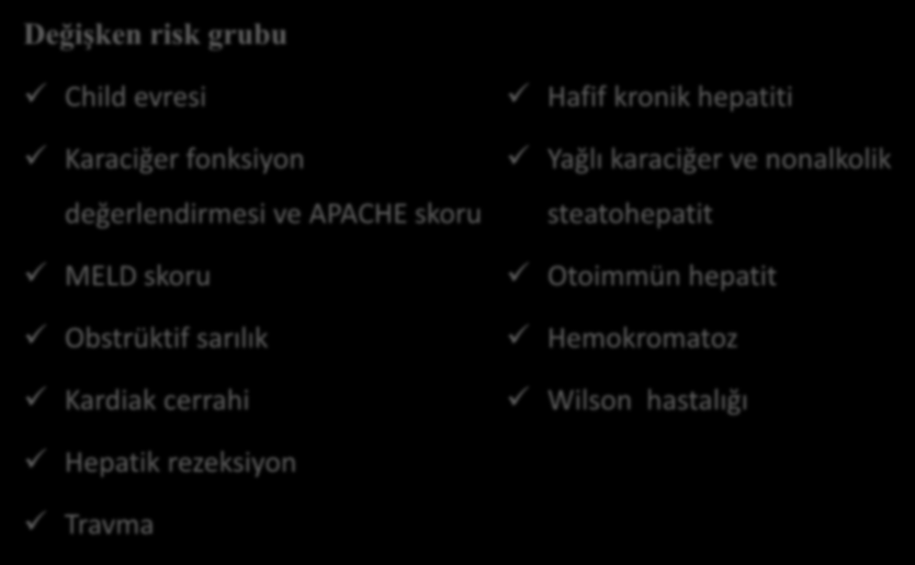 Karaciğer fonksiyon bozukluklarında preoperatif risk değerlendirmesi Değişken risk grubu Değişken risk grubu Child evresi Karaciğer fonksiyon değerlendirmesi ve APACHE skoru MELD skoru