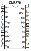 2.2.2. CM8870 Kod Çözücü Entegresi CM8870 DTMF kod çözücüsü 18-pin bacaklı bir entegre türüdür. Şekil 2.2. de CM8870 kod çözücü entegresinin bacak yapısı görülmektedir. Şekil 2.2. CM8870 kod çözücü entegresinin bacak dizilimi CM8870 entegresinde, tek bir entegreye, bant ayırıcı süzgeci ve sayısal çözücüyü kombine ederek DTMF sinyallerinin oluşumu sağlanır.