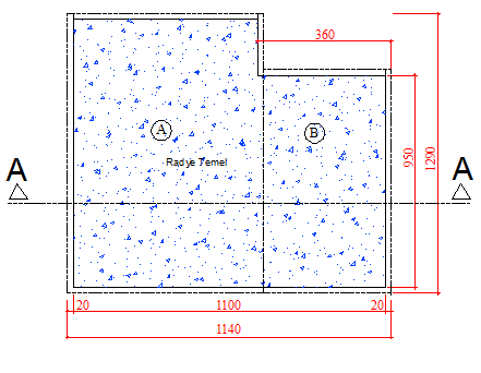 26 Beton Metraj Uygulama Sorusu 2: Aşağıda bir yapıya ait radye-jeneral temel planı, temel A-A kesiti ve ölçüleri verilmiştir.
