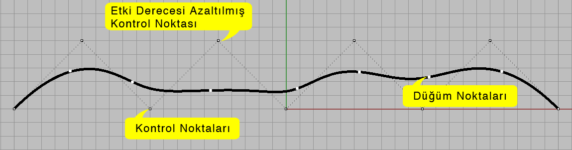 Şekil 4.7 : Derecesi 2 olan bir NURBS eğrisinin bileşenleri. NURBS eğrisinin formunu etkileyen bir başka önemli faktör ise eğrinin derecesidir.