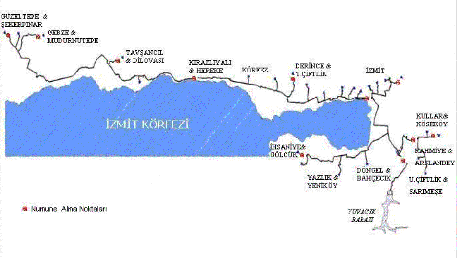 ġekil 5.2 Ġzmit Ġçme Suyu Dağıtım ġebekesi ve Numune Alma Noktaları (Thames Water, 2004) Tablo 5.