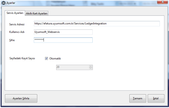 Uyumsoft tarafından gönderilen WebServis Kullanıcı Adı ve Şifre bilgisi sisteme girilir.