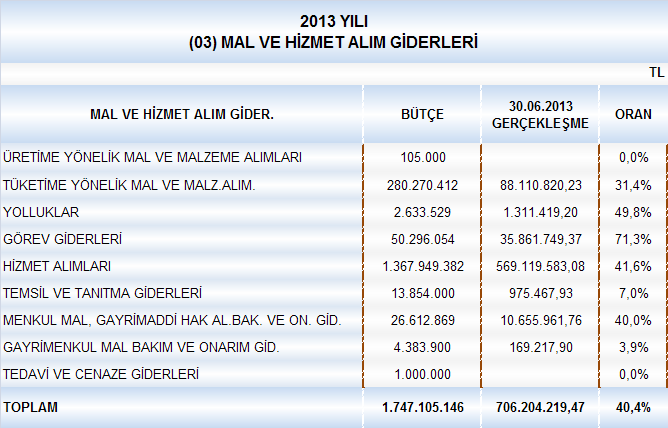 2013 yılında Mal ve Hizmet Alım Giderleri aylar itibariyle incelendiğinde 6 aylık dönem içinde ocak ayında %2,9 ile en düşük, nisan ayında