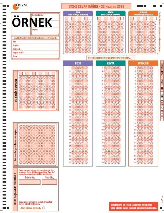 LYS-2 CEVAP KAĞIDI 20 HAZİRAN 2015 Adayın kimlik bilgileri ve imzası Biyoloji Soru kitapçık numarasının kodlandığı alan Kimya Soru kitapçık numarasının kodlandığı alan Aday T.C. Kimlik numarasını kodlar.