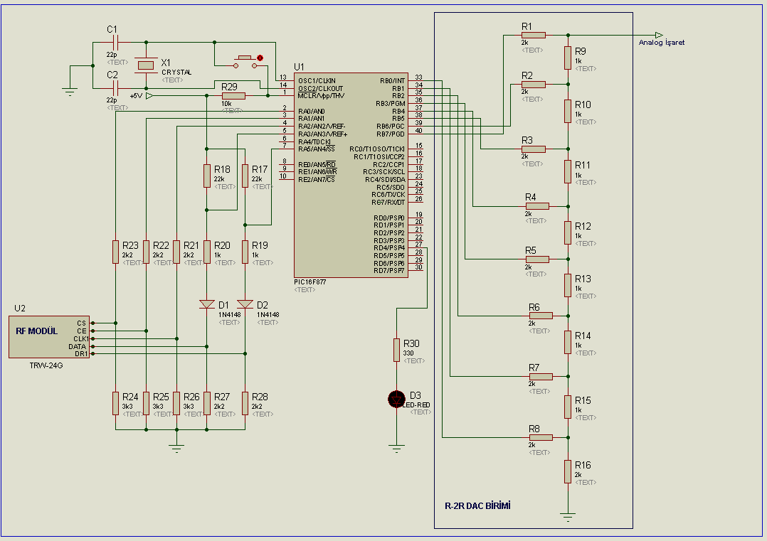 Alıcı kısımda RF modülden alınan veri mikrodenetleyici aracılığıyla okunarak R-2R merdiven tipi DAC birimine gönderilmektedir. Şekil 2.5 te alıcı devreye ait şema görülmektedir.