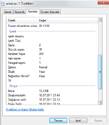32 Ayrıntılar sekmesinde dosyayla ilgili teknik detaylara ulaşılabilir, buradaki örnekte word belgesinin kaç satır, kaç kelime, kaç