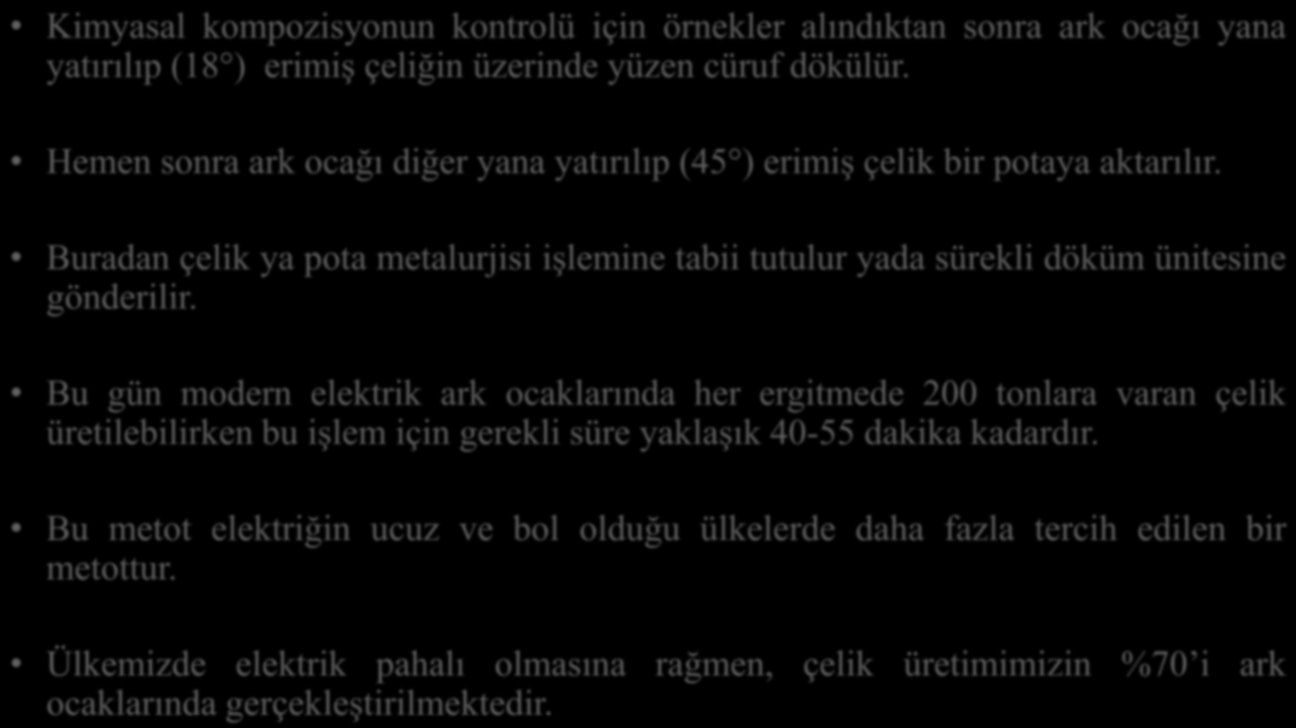 Kimyasal kompozisyonun kontrolü için örnekler alındıktan sonra ark ocağı yana yatırılıp (18 ) erimiş çeliğin üzerinde yüzen cüruf dökülür.