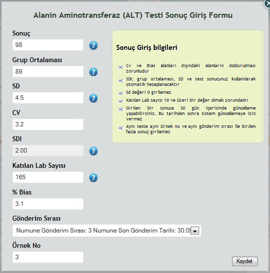 2.1.1 Sonuç Girişi Sonuç ekle sekmesine tıkladığınızda aşağıdaki pencere açılacaktır. Sonuç: Seçtiğiniz teste ait bulmuş olduğunuz sonucu bu kısma giriniz.