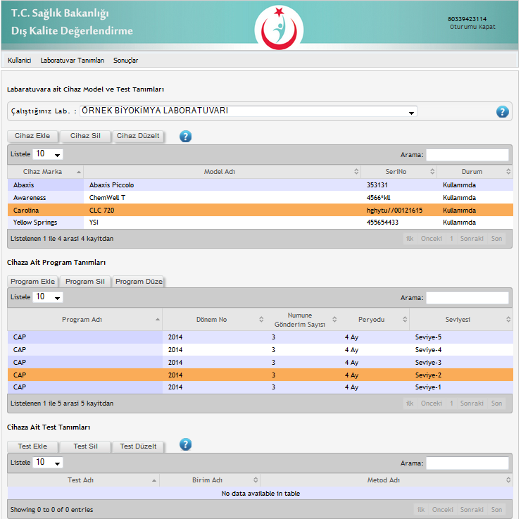 1.1.3 DKD programına Test Tanımlama, Silme ve Düzeltme Test eklemek istediğiniz DKD programını listeden seçtiğinizde test tanımları menüsü açılacaktır.