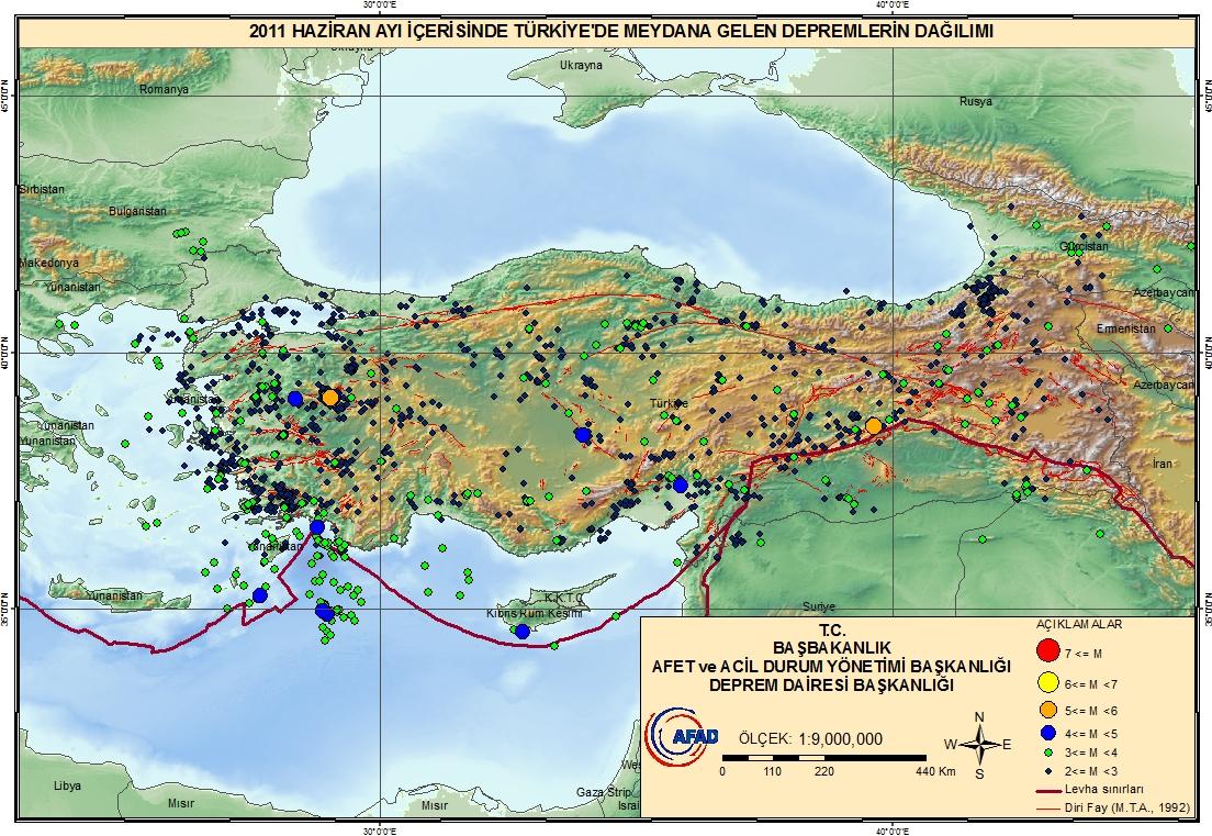 Haziran ayı içerisinde meydana gelen 4 ve üzeri olan depremlerin listesi Tablo 1.1 de verilmiģtir.