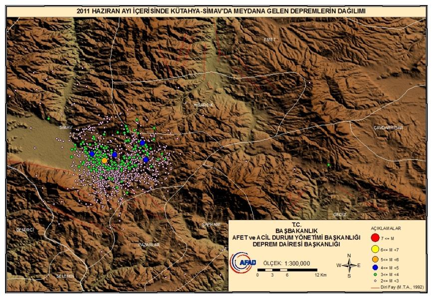 Tablo 1.1 2011 Haziran ayı içerisinde meydana gelen M 4.0 olan depremler Zaman (UTC) Enlem (K) Boylam (D) Büyüklük Yer 04/06/2011 13:51 39.1122 29.1018 4.1 KÜTAHYA-SIMAV 05/06/2011 21:29 39.143 29.